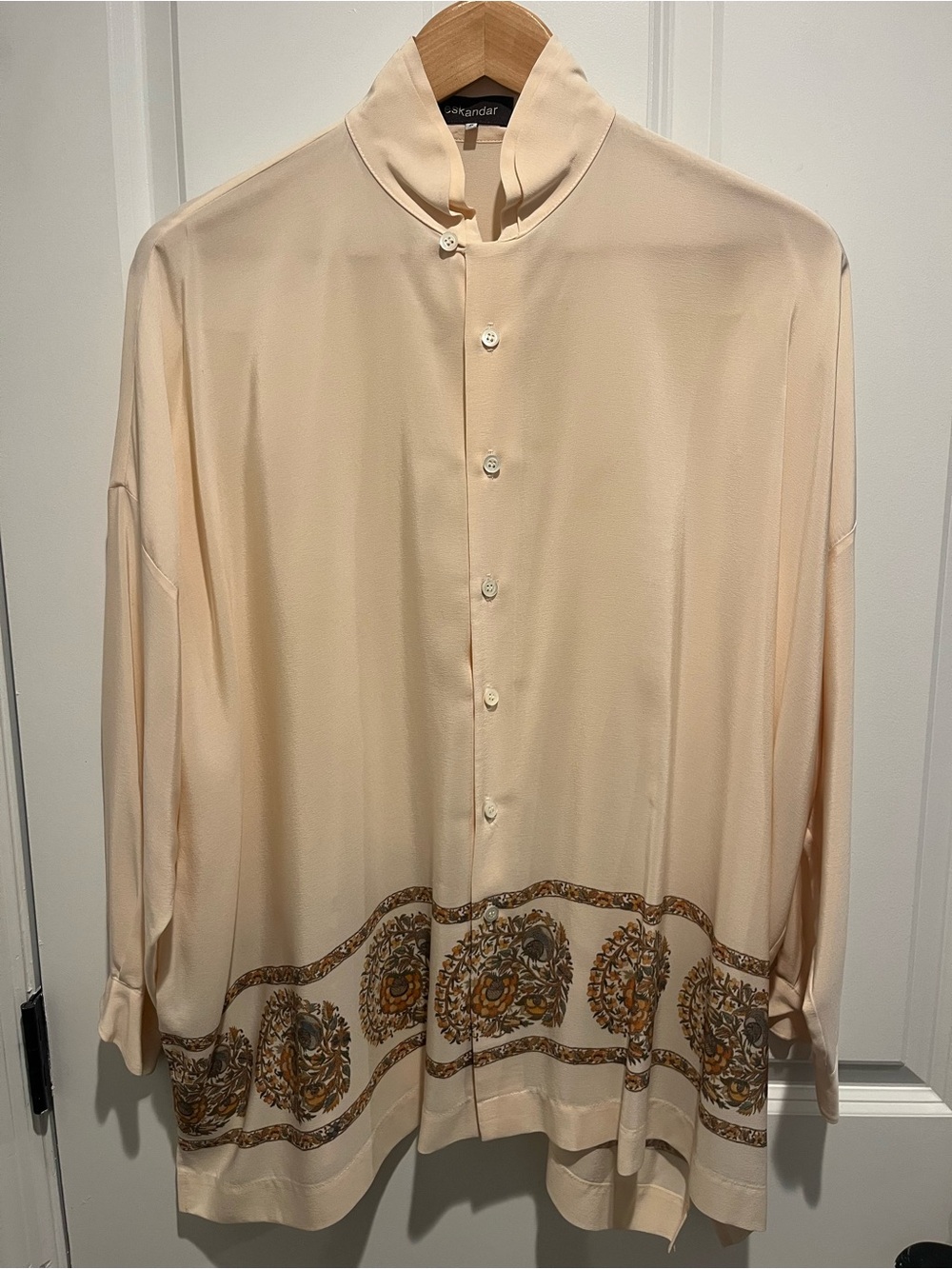 NWOT Eskandar Ivory Ottoman Print Silk Imperial Collar Long Tunic Sz 0 EC
